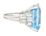 Mid-Century 25.76 CTW Emerald Cut Aquamarine Baguette Cut Diamond Platinum Stepped Chevron Antique Cocktail Ring Wilson's Estate Jewelry