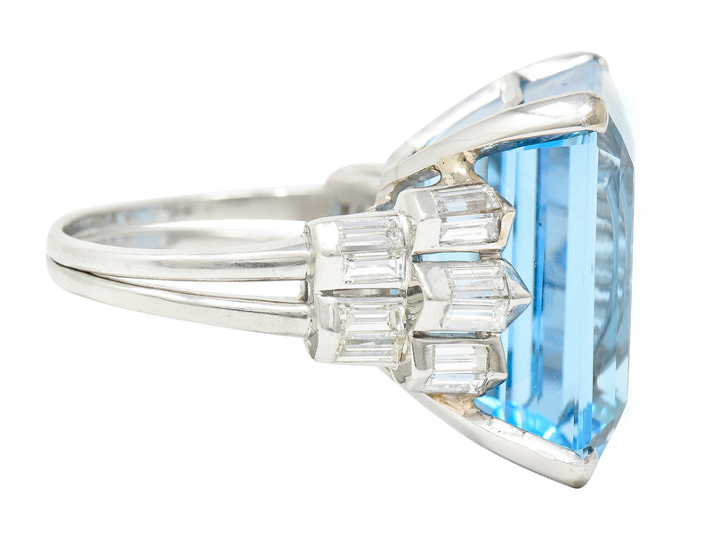 Mid-Century 25.76 CTW Emerald Cut Aquamarine Baguette Cut Diamond Platinum Stepped Chevron Antique Cocktail Ring Wilson's Estate Jewelry