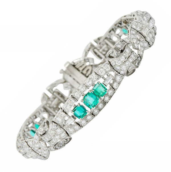 1950's Mid-Century 9.55 CTW Emerald Diamond Platinum Scrolled Link Braceletbracelet - Wilson's Estate Jewelry