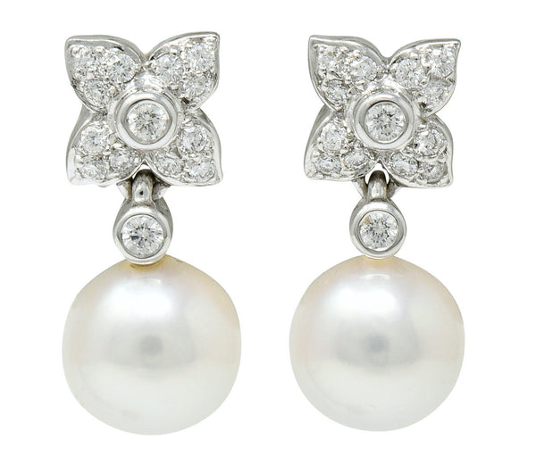 Mikimoto Cultured Pearl Diamond 18 Karat White Gold Floral Drop Earrings ContemporaryEarrings - Wilson's Estate Jewelry