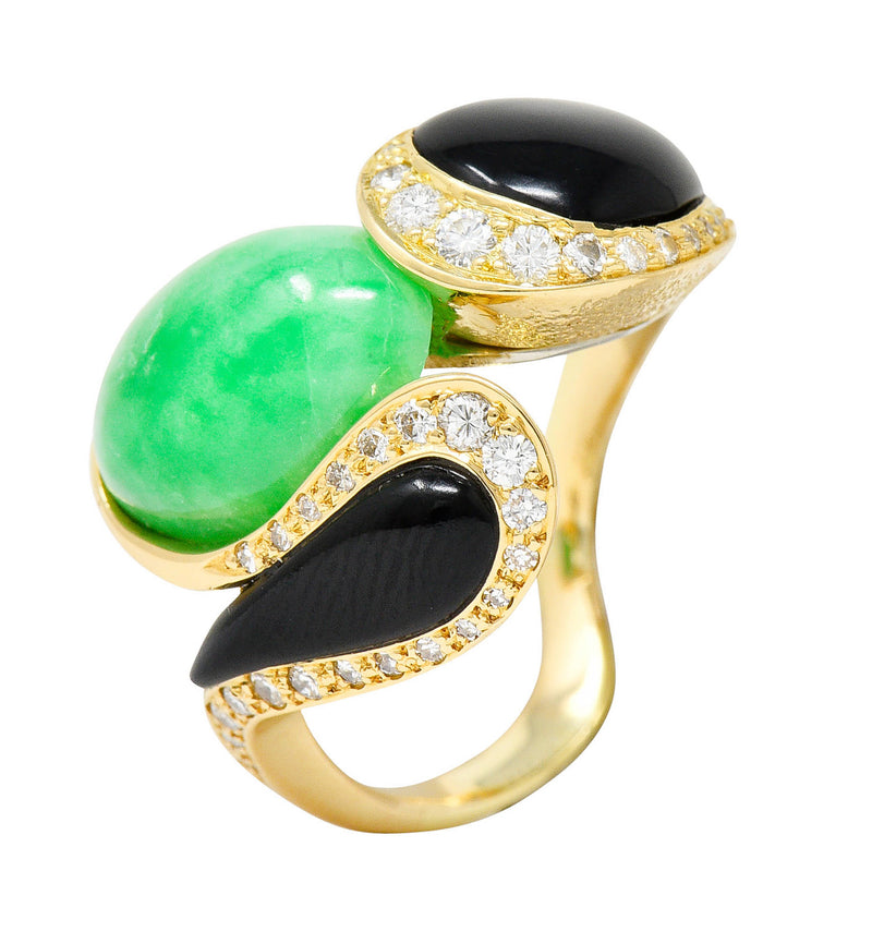 1980's Vintage Jade Onyx Diamond 18 Karat Two-Tone Gold Bypass RingRing - Wilson's Estate Jewelry