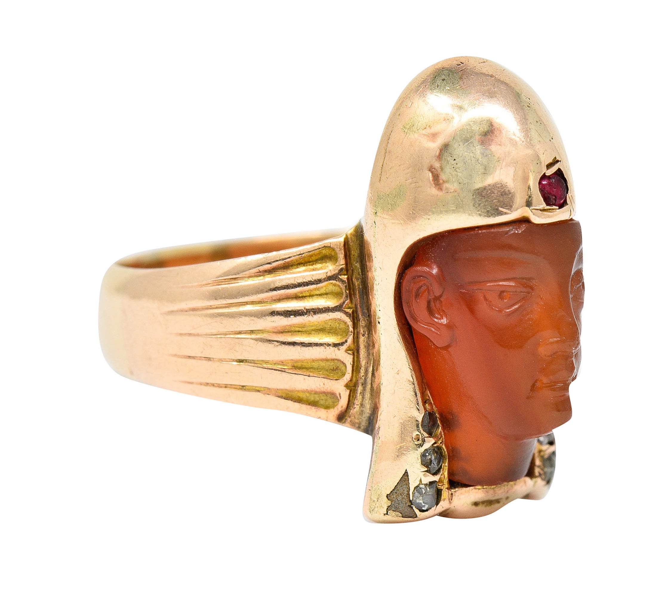 Victorian Egyptian Revival Carnelian Ruby Diamond 14 Karat Gold Pharaoh RingRing - Wilson's Estate Jewelry