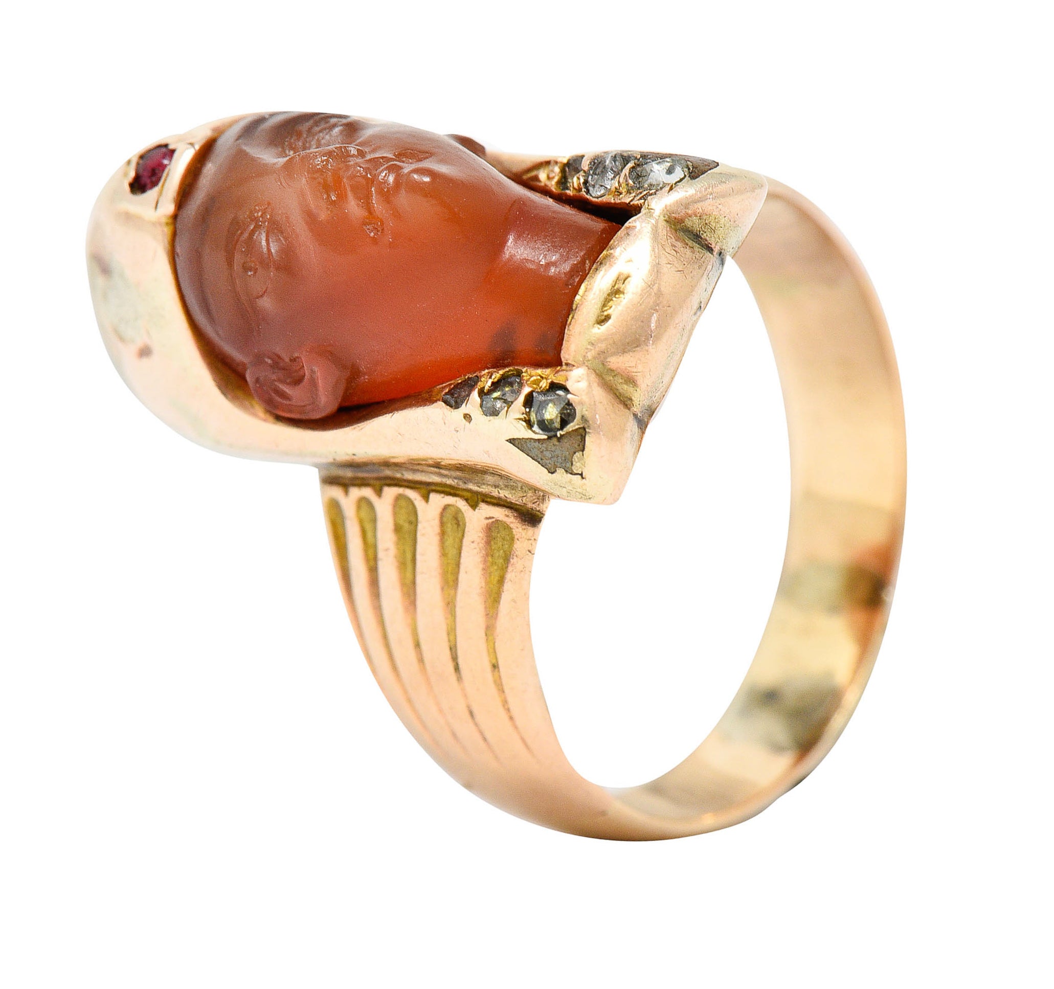 Victorian Egyptian Revival Carnelian Ruby Diamond 14 Karat Gold Pharaoh RingRing - Wilson's Estate Jewelry