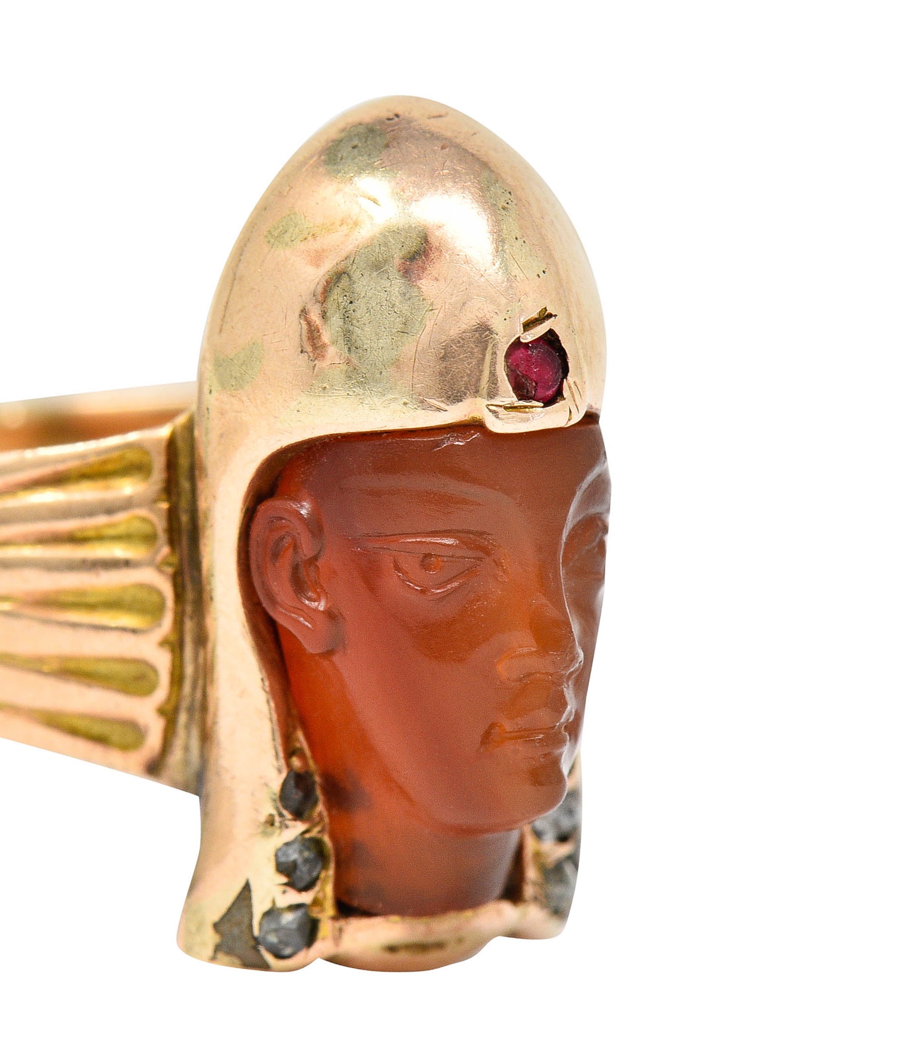 Victorian Egyptian Revival Carnelian Ruby Diamond 14 Karat Gold Pharaoh RingRing - Wilson's Estate Jewelry