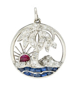 Art Deco Diamond Ruby Sapphire Platinum Palm Tree Tropical Beach Charm Wilson's Estate Jewelry