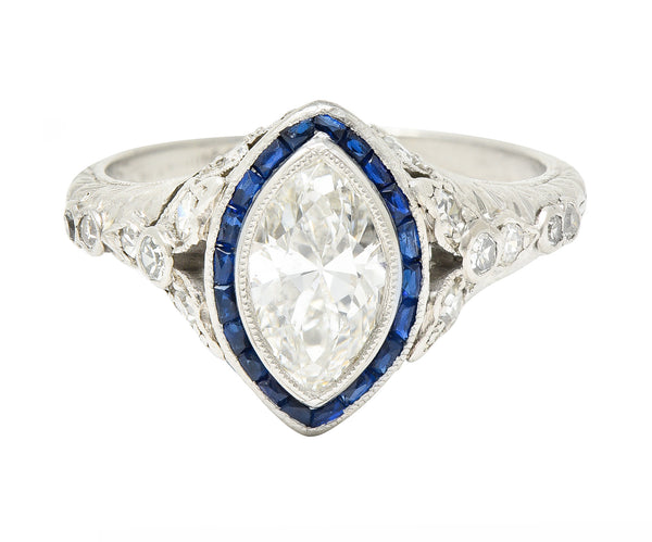 Katz & Ogush Inc. Art Deco 1.88 CTW Marquise Cut Diamond French Cut Sapphire Platinum Holly Halo Engagement Ring Wilson's Estate Jewelry