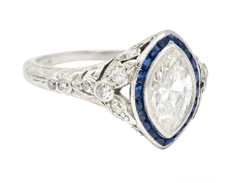 Katz & Ogush Inc. Art Deco 1.88 CTW Marquise Cut Diamond French Cut Sapphire Platinum Holly Halo Engagement Ring Wilson's Estate Jewelry