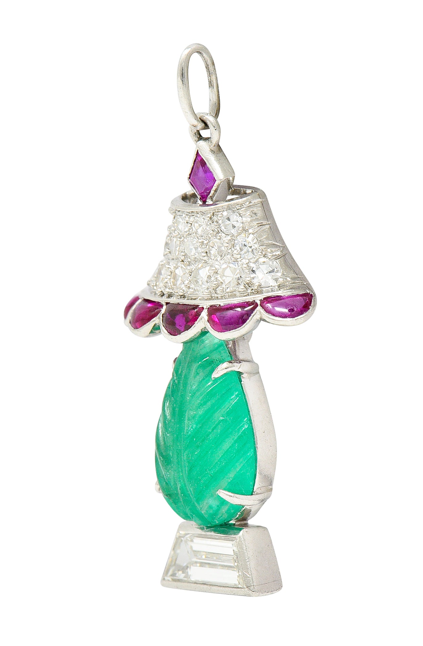 Art Deco Ruby Diamond Mughal Emerald Platinum Lamp Charm Wilson's Estate Jewelry