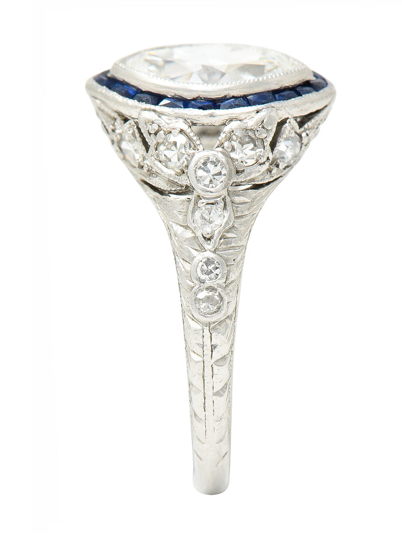 Katz & Ogush Inc. Art Deco 1.88 CTW Marquise Cut Diamond French Cut Sapphire Platinum Holly Halo Engagement Ring Wilson's Estate Jewelry