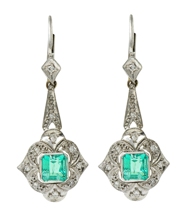 Art Deco 2.34 CTW Emerald Diamond Platinum Drop EarringsEarrings - Wilson's Estate Jewelry