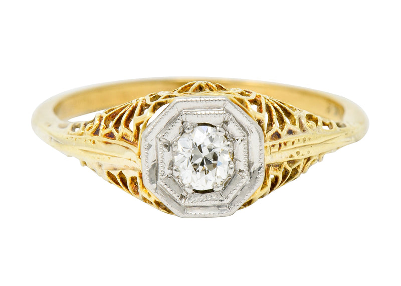 Edwardian Diamond Platinum-Topped 14 Karat Gold Floral Hexagonal Engagement Ring - Wilson's Estate Jewelry