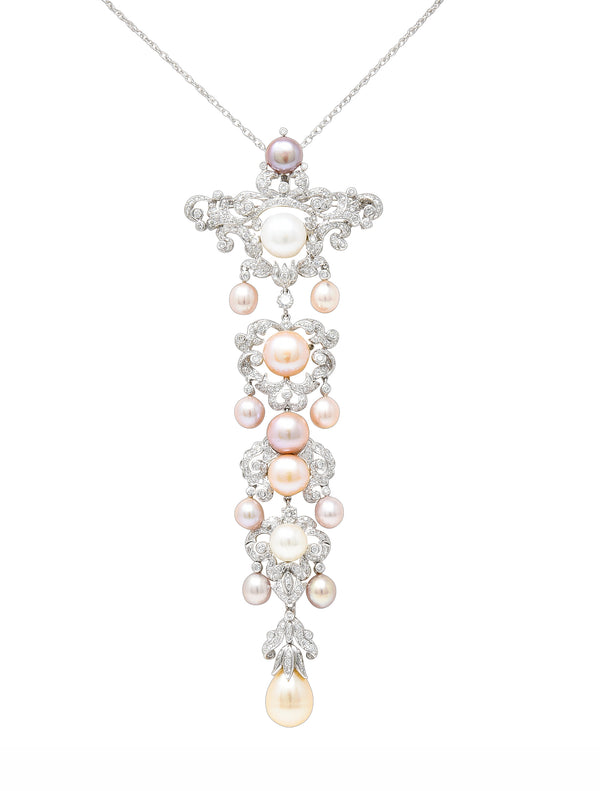 Substantial Diamond Pearl 18 Karat White Gold Baroque Style Stomacher Enhancer Pendant Brooch Wilson's Estate Jewelry