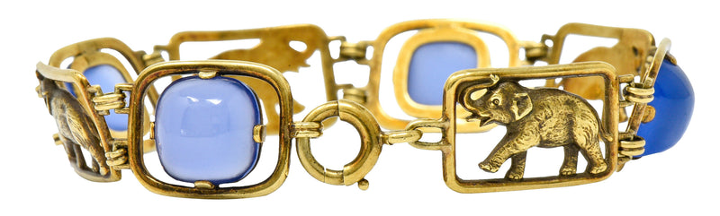 Carter & Gough Art Nouveau Chrysoprase 14 Karat Gold Elephant Link Braceletbracelet - Wilson's Estate Jewelry