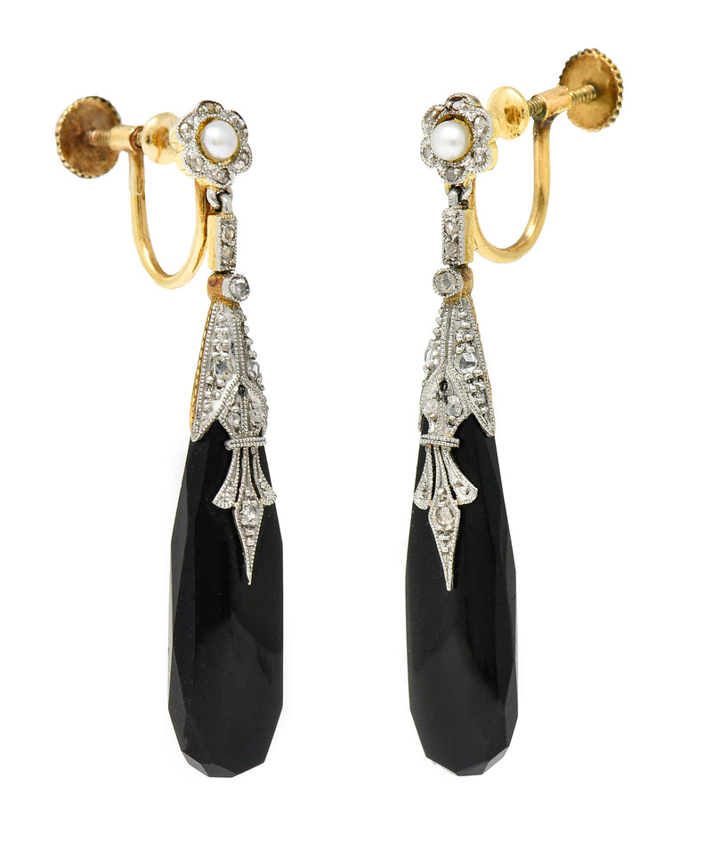 Edwardian Onyx Pearl Diamond Platinum-Topped 14 Karat Gold Floral Antique Drop Earrings Wilson's Estate Jewelry