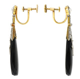 Edwardian Onyx Pearl Diamond Platinum-Topped 14 Karat Gold Floral Antique Drop Earrings Wilson's Estate Jewelry