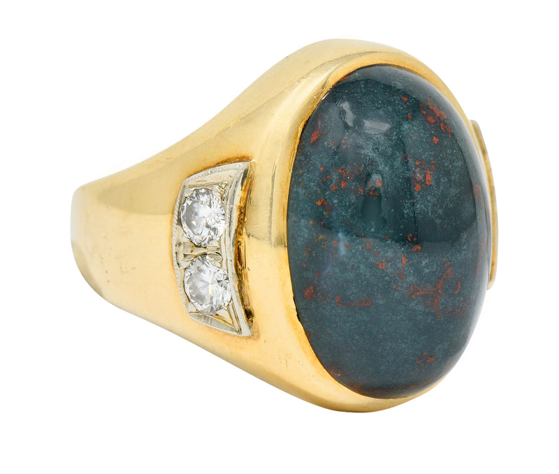 Bold Retro Bloodstone Cabochon Diamond 14 Karat Gold Unisex Ring Wilson's Estate Jewelry
