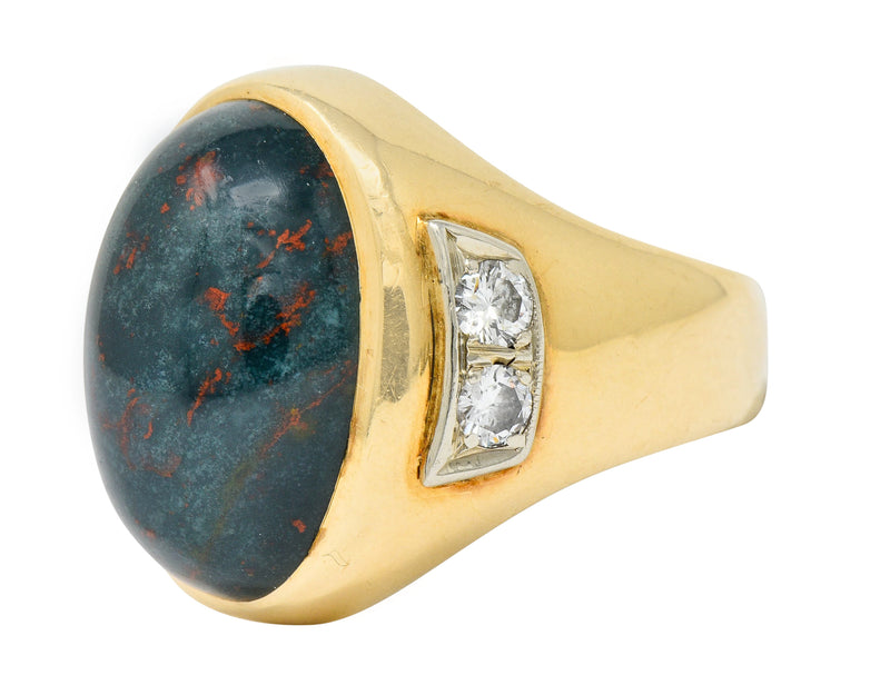 Bold Retro Bloodstone Cabochon Diamond 14 Karat Gold Unisex Ring Wilson's Estate Jewelry