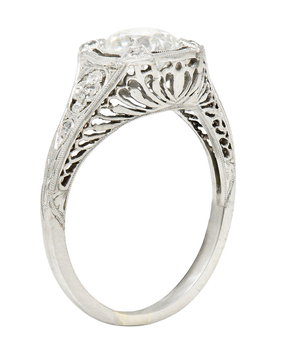 Art Deco 1.08 CTW Old European Cut Diamond Platinum Lotus Filigree Engagement Ring Wilson's Estate Jewelry