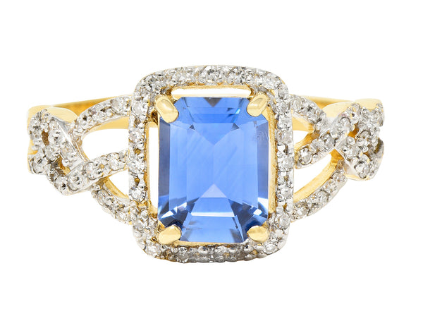 1990's 2.19 CTW Emerald Cut Sapphire Diamond 18 Karat Two-Tone Gold Braided Vintage Halo Ring Wilson's Estate Jewelry