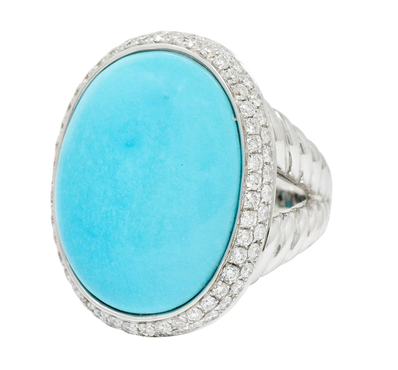1990's Vintage Turquoise 1.25 CTW Diamond 18 Karat White Gold Statement Ring Wilson's Estate Jewelry
