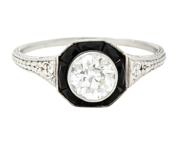 Art Deco 0.70 CTW Old European Cut Diamond French Cut Onyx Halo Scroll Clover Engagement Ring GIA Wilson's Estate Jewelry