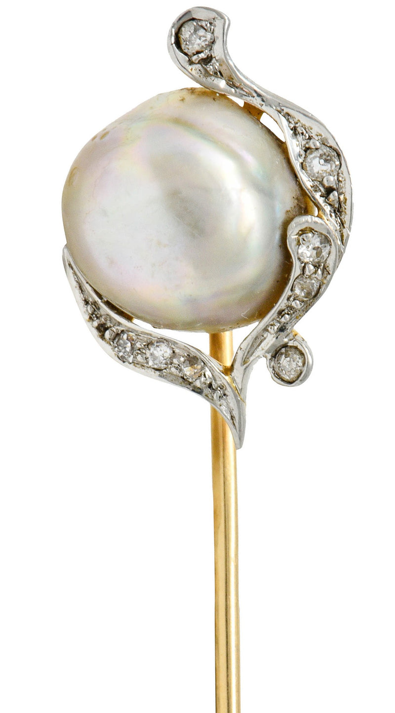 Black Starr & Frost Diamond Baroque Pearl Platinum-Topped 18 Karat Gold StickpinStick Pin - Wilson's Estate Jewelry