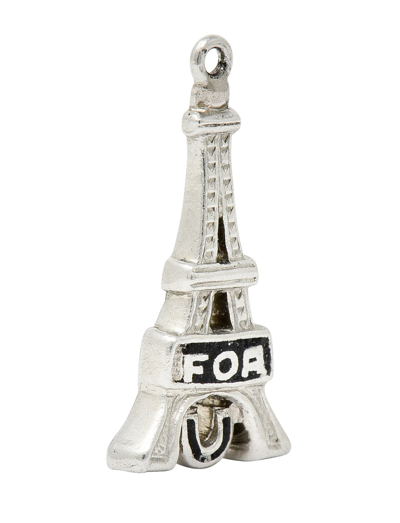 Art Deco Enamel Platinum I Fell For You Eiffel Tower Charm - Wilson's Estate Jewelry