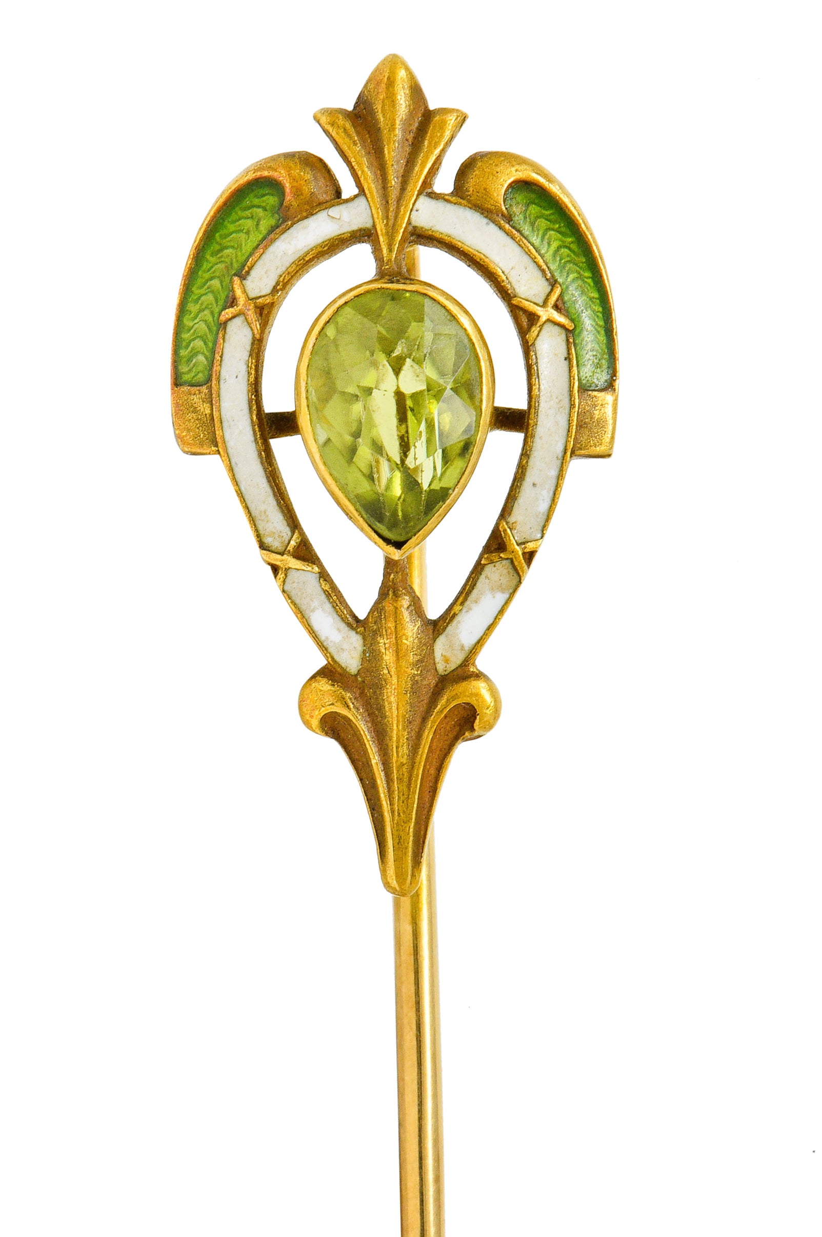 Wordley Allsopp & Bliss Peridot Enamel 14 Karat Gold Fleur-De-Lis StickpinStick Pin - Wilson's Estate Jewelry