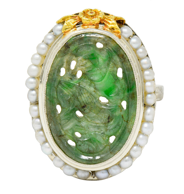 Art Deco Carved Jade Pearl 18 Karat Two-Tone Gold Cluster RingRing - Wilson's Estate Jewelry