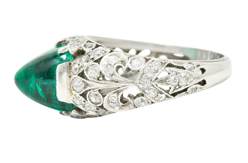 Edwardian 5.90 CTW Colombian Emerald Cabochon Old European Cut Diamond Platinum Scrolling Fleur-De-Lis Antique Gemstone Ring AGL Wilson's Estate Jewelry