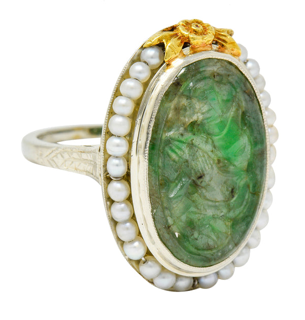 Art Deco Carved Jade Pearl 18 Karat Two-Tone Gold Cluster RingRing - Wilson's Estate Jewelry