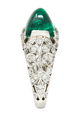 Edwardian 5.90 CTW Colombian Emerald Cabochon Old European Cut Diamond Platinum Scrolling Fleur-De-Lis Antique Gemstone Ring AGL Wilson's Estate Jewelry