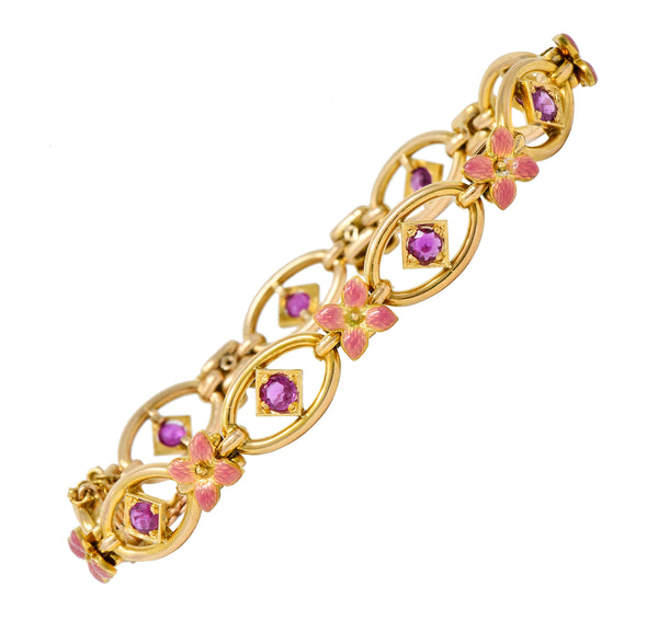 Art Nouveau Ruby Enamel 18 Karat Gold Flower Link Braceletbracelet - Wilson's Estate Jewelry