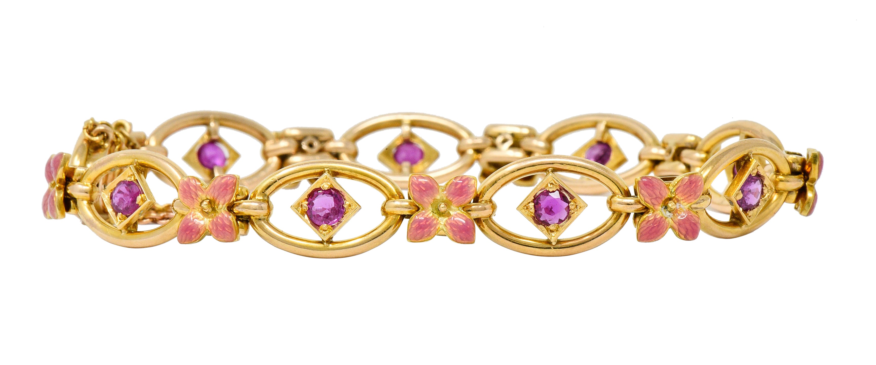 Art Nouveau Ruby Enamel 18 Karat Gold Flower Link Braceletbracelet - Wilson's Estate Jewelry