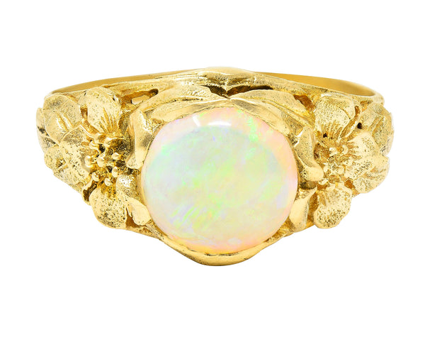 Art Nouveau Opal Cabochon 18 Karat Yellow Gold Forget-Me-Not Antique Ring Wilson's Estate Jewelry