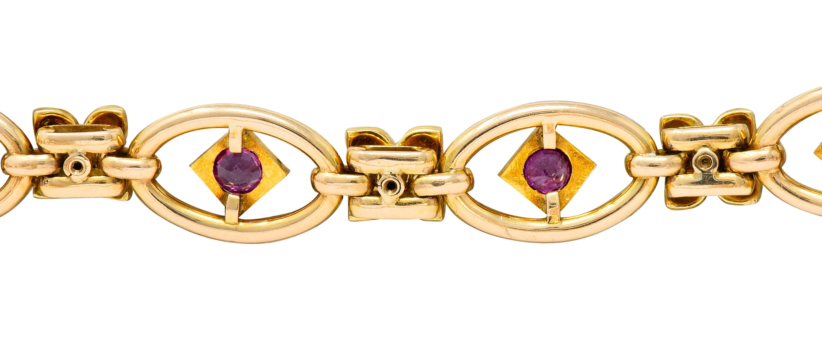 Art Nouveau Ruby Enamel 18 Karat Gold Flower Link Braceletbracelet - Wilson's Estate Jewelry