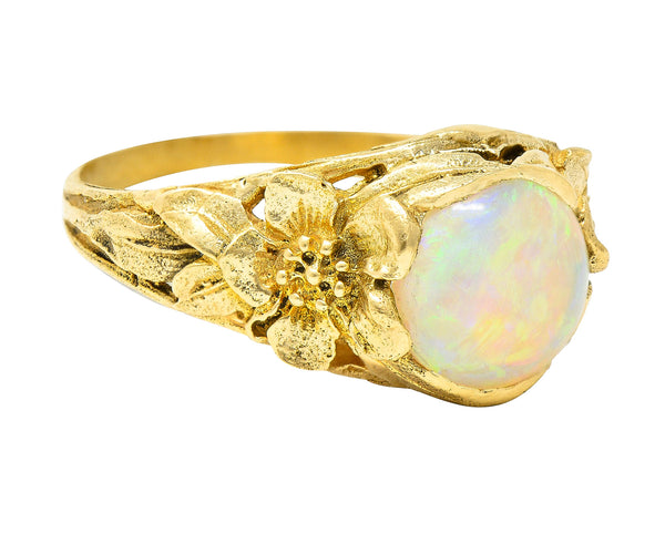 Art Nouveau Opal Cabochon 18 Karat Yellow Gold Forget-Me-Not Antique Ring Wilson's Estate Jewelry