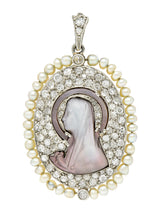 Edwardian Pearl Pavè Diamond Mother-Of-Pearl Platinum-Topped White Gold Madonna Antique Cameo Pendant Wilson's Estate Jewelry