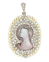 Edwardian Pearl Pavè Diamond Mother-Of-Pearl Platinum-Topped White Gold Madonna Antique Cameo Pendant Wilson's Estate Jewelry