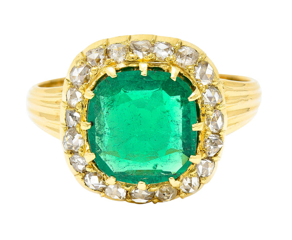 Victorian 2.78 CTW Cushion Cut Colombian Emerald Diamond 18 Karat Yellow Gold Antique Halo Ring AGL Wilson's Estate Jewelry