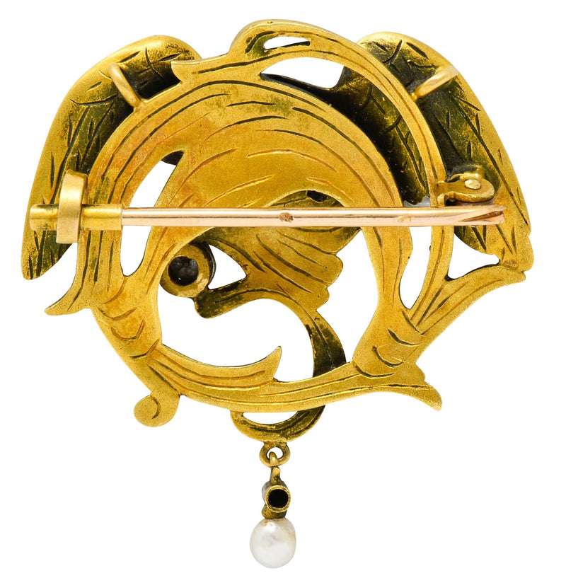 French Art Nouveau Diamond Pearl 18 Karat Gold Griffin BroochBrooch - Wilson's Estate Jewelry