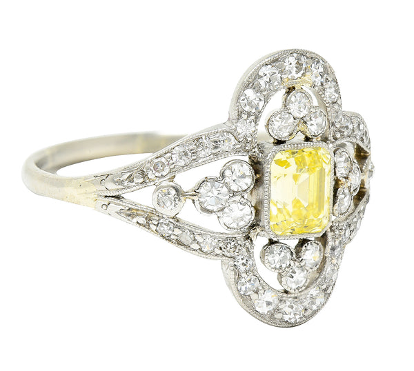 Edwardian 1.17 CTW Emerald Cut Fancy Yellow Diamond Platinum Quatrefoil Antique Dinner Ring Wilson's Estate Jewelry