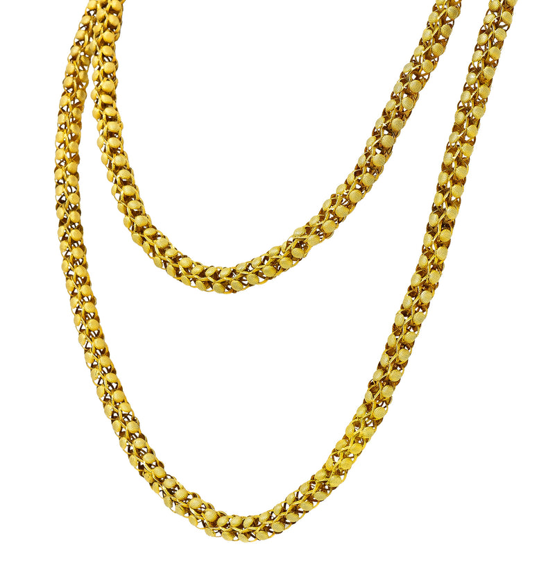 Georgian 18 Karat Yellow Gold Floral Dome Byzantine 46 Inch Long Chain Antique Necklace Wilson's Estate Jewelry
