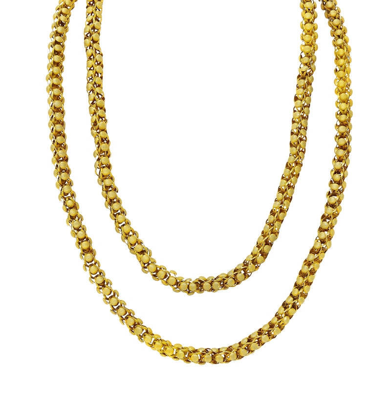 Georgian 18 Karat Yellow Gold Floral Dome Byzantine 46 Inch Long Chain Antique Necklace Wilson's Estate Jewelry
