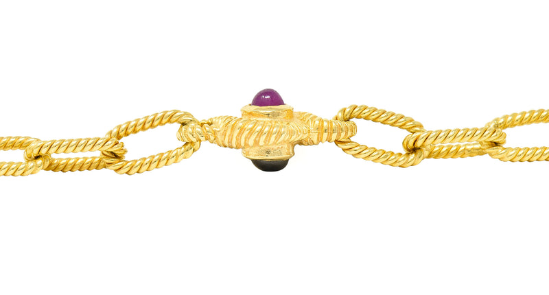 ## waiting for total weight .11111 1980's Ruby Sapphire Cabochon 14 Karat Yellow Gold Twisted Rope Vintage Paperclip Chain Station Necklace Bracelet Set Wilson's Estate Jewelry