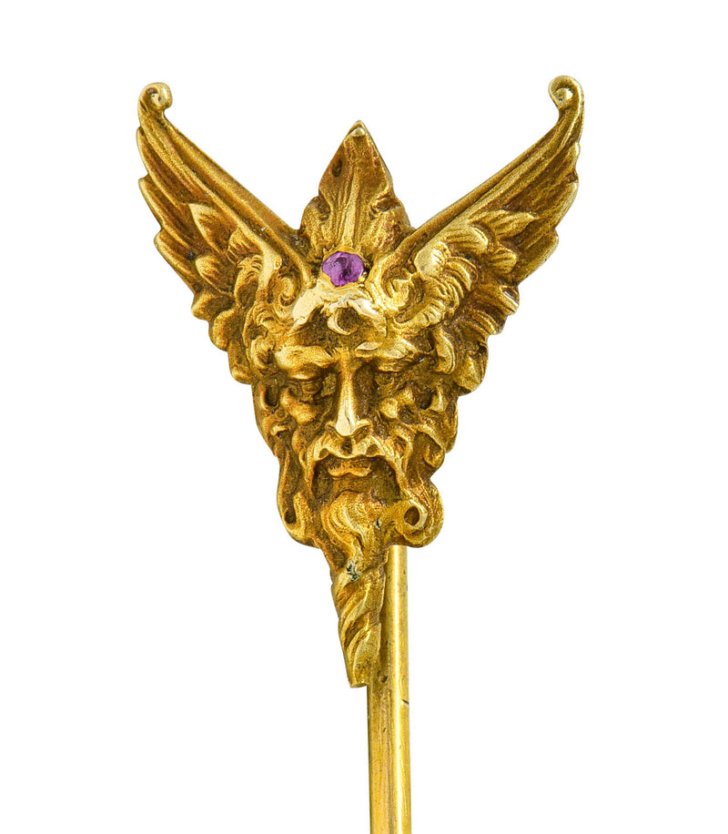 Art Nouveau Ruby 14 Karat Gold Hypnos Greek God Green Man Stickpin - Wilson's Estate Jewelry