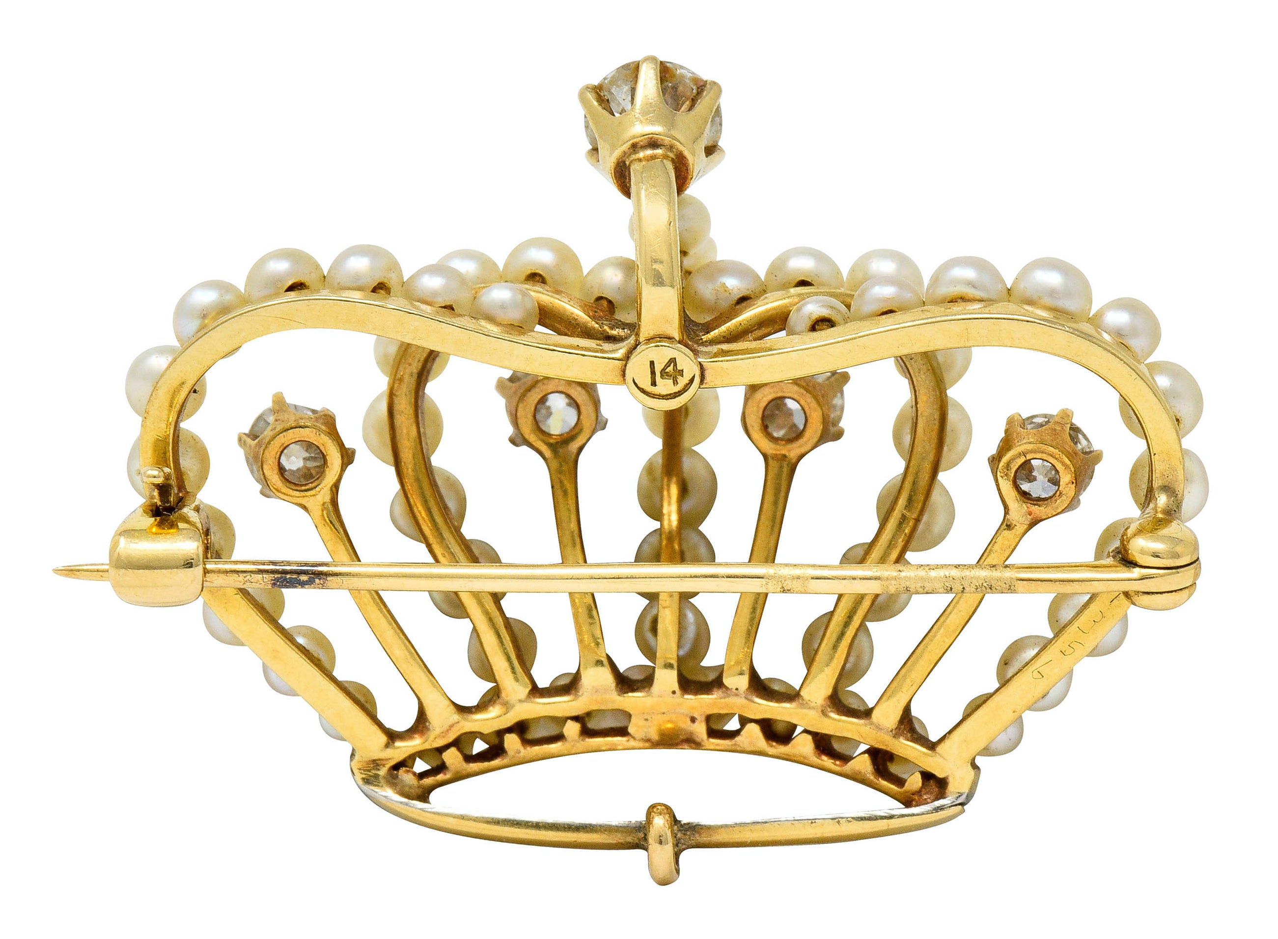 Victorian Diamond Pearl 14 Karat Gold Crown Pendant Brooch - Wilson's Estate Jewelry