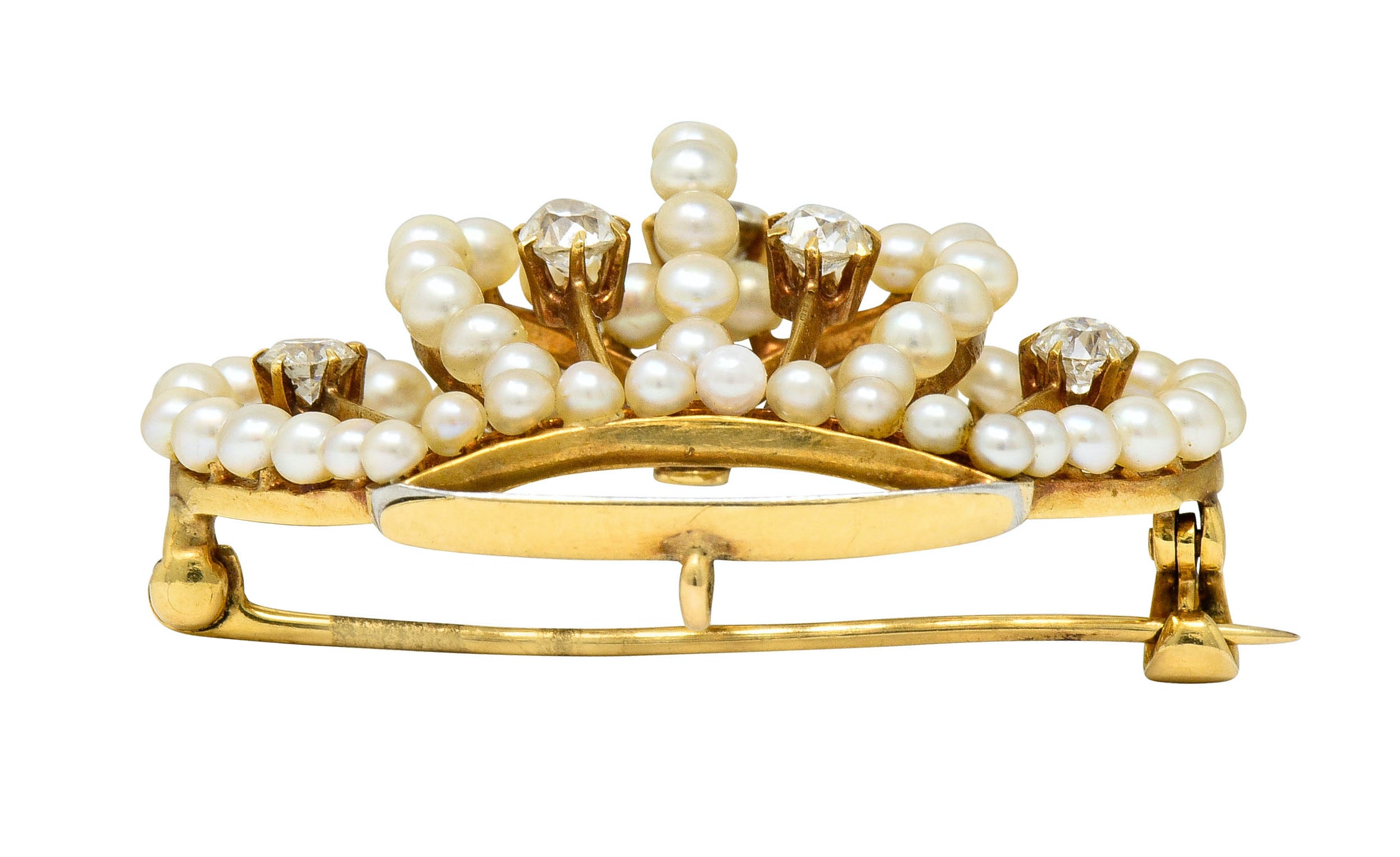 Victorian Diamond Pearl 14 Karat Gold Crown Pendant Brooch - Wilson's Estate Jewelry