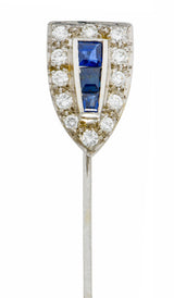 Art Deco Sapphire Diamond 14 Karat White Gold Shield Stickpin - Wilson's Estate Jewelry