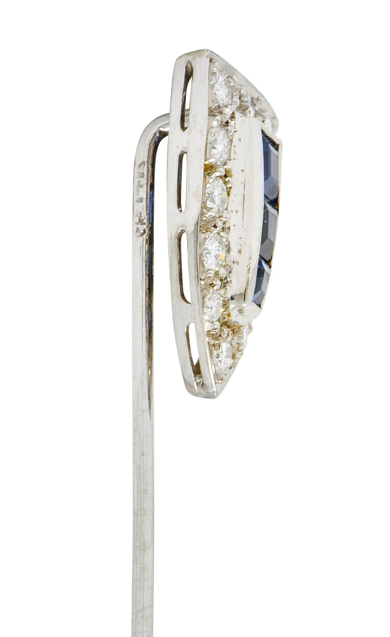 Art Deco Sapphire Diamond 14 Karat White Gold Shield Stickpin - Wilson's Estate Jewelry